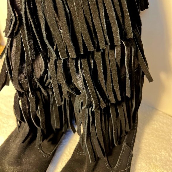 LC Lauren Conrad-Fringe Boots-Women's-3 Layers-Black Suede-Cloth under Fringe - Picture 5 of 14
